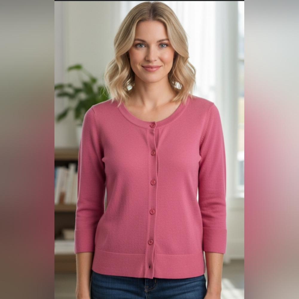 Coldwater Creek Cardigan Sweater Womens Small Pink Silk‎ Cotton 3/4 Sleeve